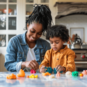 mother and son doing a sensory activity with playdough