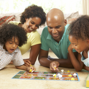 Family playing stress free homework games