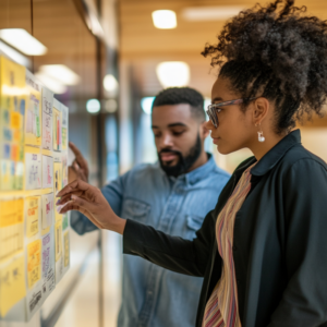 A parent and teacher looking at a behavioral chart together, with a calm and cooperative atmosphere to have a productive parent-teacher meetings