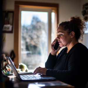 Woman with a low curly bun on the phone and looking at her computer to make sure she can have productive parent-teacher meetings