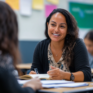  A woman with shoulder length hair wearing a blue cardigan talking to a teacher a teacher while taking notes.productive parent-teacher meetings