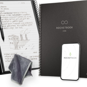 Rocketbook Black Friday Deal with notebook, pen and cellphone showing the app.