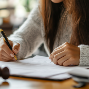 Woman writing on paper while holding a pen while looking at the Ultimate Advocacy bundle