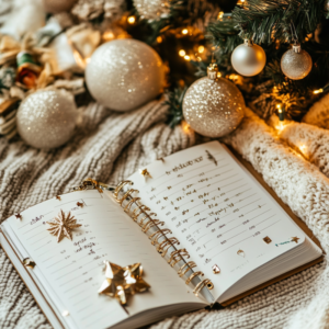 White and gold christmas decorations on a white blanket, a open planner is sitting on top of the blanket so the parent can work on the ultimate advocacy bundle