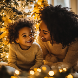 mother laughing with her son surrounded by gold and white holiday lights and tree. Ultimate advocacy bundle